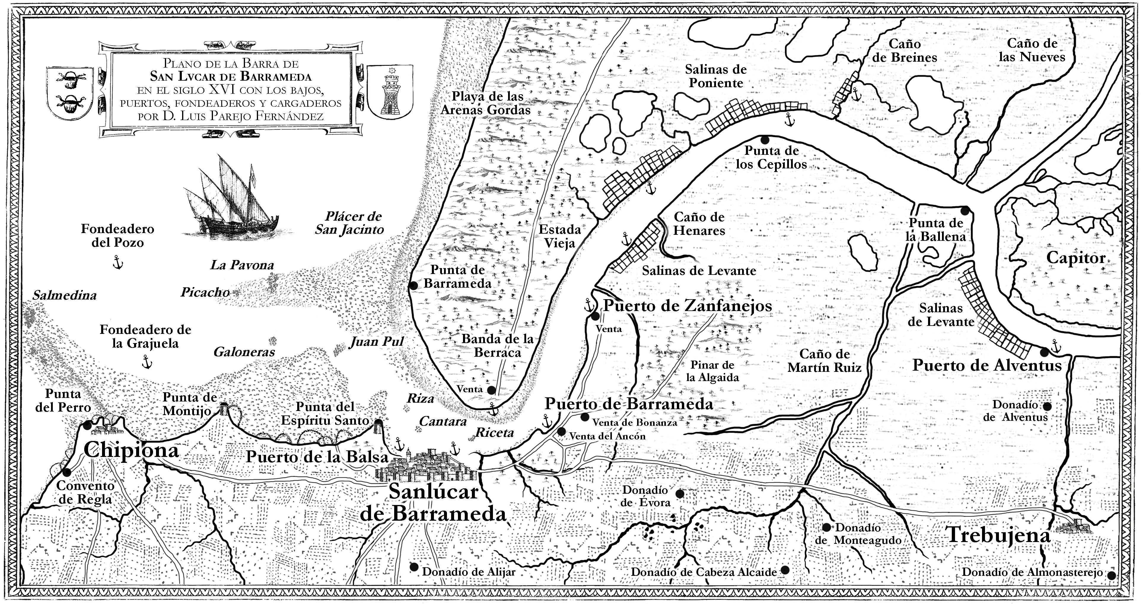 mapa, plano, sanlucar, barrameda, cadiz, andalucia, rio, guadaquivir, luis, parejo, fernandez, cartare, revista, investigacion, reino, sevilla, bajos, navegacion, naufragios, puertos, fondeaderos, cargaderos, chipiona, huelva, doñana, alventus, zanfanejos, bonanza